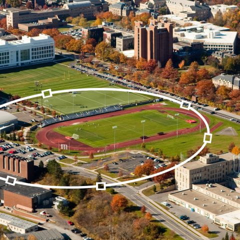 birds-eye view of cornell campus with ring overlayed